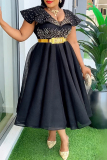 Black Beaded Decor V Neck Butterfly Sleeves Hollow Waist with Gold Belt A Line Formal Wedding Party Midi Dress