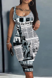 Purple Graphic Print Sleeveless U Neck Spaghetti Strap Casual Outing Bodycon Pencil Tank Midi Dress