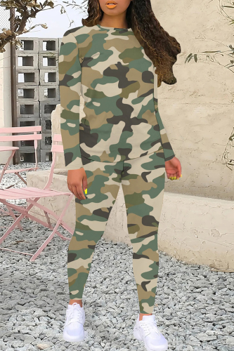 Green Camouflage Print Patchwork Round Neck Long Sleeve Tops and Skinny Leggings Two Piece Matching Sets