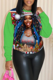 Green Red Christmas Casual Figure Print Round Neck Long Sleeve Tops Sweatshirts