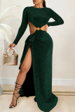 Black O Neck Long Sleeve Hollow Out High Slit Strap Design Cocktail Party Loose Fit Maxi Dress