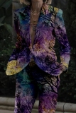 Purple Office Lady Casual Leaf Print Button up Turn-back Collar Long Sleeve Suits and Pants Two Pieces Matching Sets