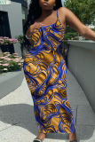 Multicolor Graphic Print Sleeveless Backless Spaghetti Strap Floor Length Casual Outing Bodycon Maxi Slip Dress
