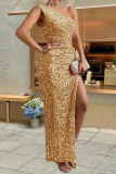 Pink Sleeveless One-Shoulder High Slit Ruched Side Formal Wedding Party Bodycon Shiny Sequins Maxi Dress