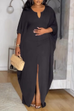 Black V Neck Batwing Sleeve Floor Length Front High Slit Casual Outing Loose Maxi Dress