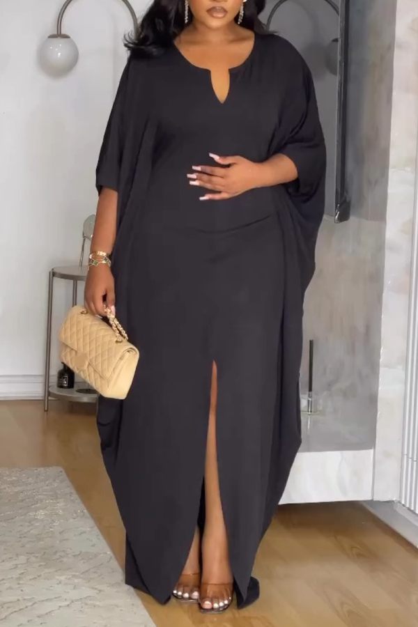 Black V Neck Batwing Sleeve Floor Length Front High Slit Casual Outing Loose Maxi Dress
