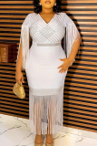 Black V-neckline Fringe Trim Geometric Gold Hot Drill Waist with Belted Fringe Hem Bodycon Plus Size Cocktail Party Maxi Dress