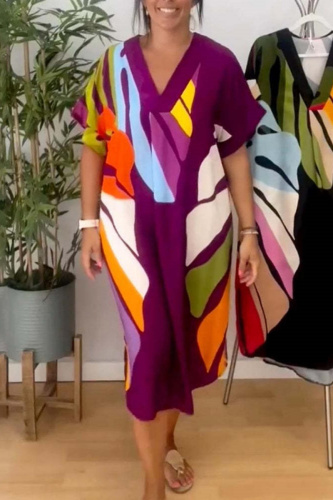 Black Leaf Print V Neck Half Sleeve Casual Outing Straight Loose Maxi Dress