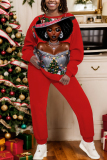 Red White Sportwear Casual Figure Print Basic O Neck Long Sleeve Sweatshirts and Pants Two Pieces Sweatsuits Sets