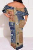 Dark Blue Faux Denim Print Ruffle Sleeve Off Shoulder Loose Fit Casual Outing Plus Size Maxi Dress