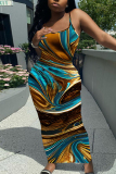 Multicolor Graphic Print Sleeveless Backless Spaghetti Strap Floor Length Casual Outing Bodycon Maxi Slip Dress