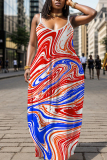 Purple Red Graphic Print Sleeveless Backless Spaghetti Strap Floor Length Casual Outing Straight Loose Maxi Slip Dress