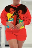 Red Casual Figure Print Patchwork Round Neck Long Sleeve Sweatshirts and Shorts Two Pieces Matching Sets