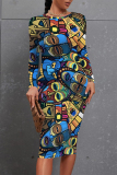 Gold Yellow National Totem Print O Neck Long Sleeve Casual Outing Bodycon Pencil Midi Dress