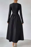 Black O Neck Long Sleeve Fitted High Waist A Line Casual Outings Party Flowy Maxi Dress