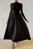Black O Neck Long Sleeve Fitted High Waist A Line Casual Outings Party Flowy Maxi Dress