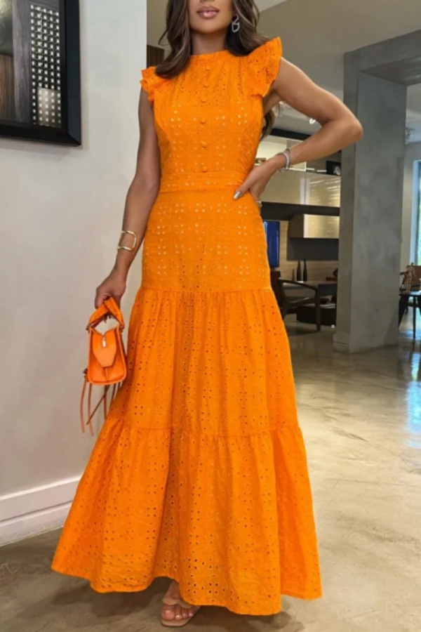 Orange Half A Turtleneck Small Flying Sleeve Fitted Waist Tiered Ruffle Hem Vacation Casual Outings Embroidered Lace Maxi Dress