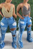 Light Blue Casual Solid Color Mid Waist Ripped Tassel Plus Size Flare Denim Jeans