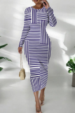Dark Blue Graphic Print O Neck Long Sleeve Casual Outing Bodycon Pencil Midi Dress