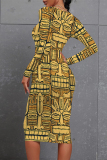 Gold Yellow National Totem Print O Neck Long Sleeve Casual Outing Bodycon Pencil Midi Dress