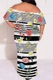 Purple Graphic Print Off Shoulder Half Sleeve Floor Length Casual Outing Plus Size Vacation Loose Fit Maxi Dress