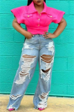 Dark Blue Casual Ripped Plus Size Straight Leg Denim Jeans
