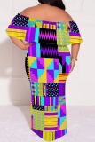 Purple Graphic Print Off Shoulder Half Sleeve Floor Length Casual Outing Plus Size Vacation Loose Fit Maxi Dress
