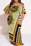 Purple Graphic Print Off Shoulder Half Sleeve Floor Length Casual Outing Plus Size Vacation Loose Fit Maxi Dress