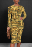 Gold Yellow National Totem Print O Neck Long Sleeve Casual Outing Bodycon Pencil Midi Dress