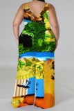 Green Vacation Casual Print Backless Spaghetti Strap Wide Leg Plus Size Cami Jumpsuits (With Headscarf)