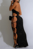 Black Sleeveless Backless High Neck Side Tie Cut-Out Nightclub Bodycon Halter Sequin Party Maxi Dress