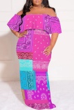 Purple Graphic Print Off Shoulder Half Sleeve Floor Length Casual Outing Plus Size Vacation Loose Fit Maxi Dress