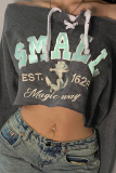 Dark Grey Letter Print Patchwork Backless Cross Straps Off Shoulder Long Sleeve Tops Blouses Sweatshirts