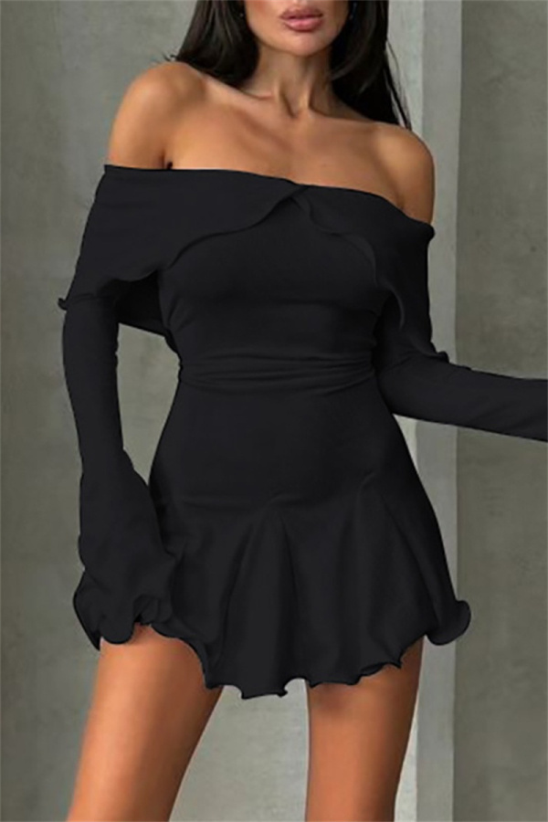 White Off-shoulder Long Sleeve High Waist Asymmetrical Ruffle Hem Nightclub Party Midi Dres