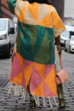 Pink Colorblock Casual Patchwork Half Sleeve Long Knitted Cardigan Fall Winter Tassel Outerwear