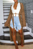 Brown Casual Hollow Out Long Sleeve Outerwear Knitted Jacket Fall Long Cardigans