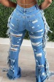 Light Blue Casual Solid Color Mid Waist Ripped Tassel Plus Size Flare Denim Jeans