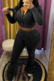 Black Skinny Sportwear Casual Patchwork Hooded Long Sleeve Sweatshirts and Flare Leg Pants Two Pieces Sweatsuits Sets