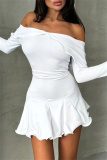 White Off-shoulder Long Sleeve High Waist Asymmetrical Ruffle Hem Nightclub Party Midi Dres
