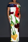 White Orange Off Shoulder Short Sleeve Floor Length Casual Outing Vacation Bodycon Floral Maxi Dress