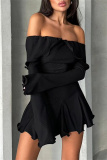 White Off-shoulder Long Sleeve High Waist Asymmetrical Ruffle Hem Nightclub Party Midi Dres