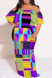 Purple Graphic Print Off Shoulder Half Sleeve Floor Length Casual Outing Plus Size Vacation Loose Fit Maxi Dress