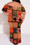 Purple Graphic Print Off Shoulder Half Sleeve Floor Length Casual Outing Plus Size Vacation Loose Fit Maxi Dress