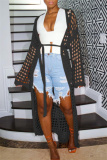 Brown Casual Hollow Out Long Sleeve Outerwear Knitted Jacket Fall Long Cardigans