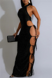 Black Sleeveless Backless High Neck Side Tie Cut-Out Nightclub Bodycon Halter Sequin Party Maxi Dress