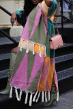 Pink Colorblock Casual Patchwork Half Sleeve Long Knitted Cardigan Fall Winter Tassel Outerwear