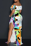 White Orange Off Shoulder Short Sleeve Floor Length Casual Outing Vacation Bodycon Floral Maxi Dress