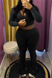 Black Skinny Sportwear Casual Patchwork Hooded Long Sleeve Sweatshirts and Flare Leg Pants Two Pieces Sweatsuits Sets