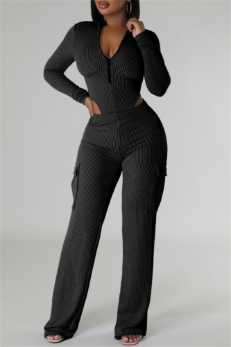 Green Skinny Casual Patchwork Zipper Collar Long Sleeve Jacket and Cargo Pants Two Pieces Matching Sets