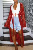 Brown Casual Hollow Out Long Sleeve Outerwear Knitted Jacket Fall Long Cardigans